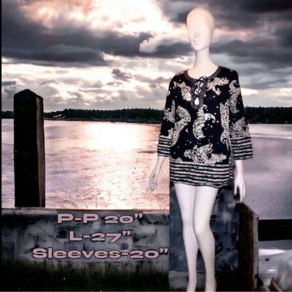 MICHAEL Michael KORS Top Navy Paisley Floral Print Cutout Lace-up Tunic Size M - Picture 10 of 13